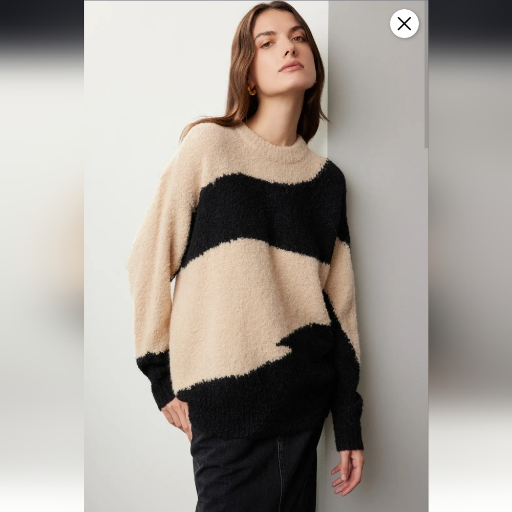 Apiece Apart Black and Cream Crew Neck Abstract Sweater Size XL
